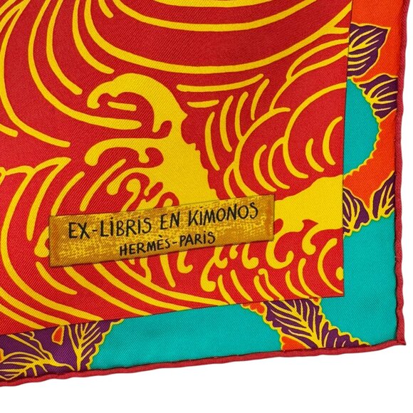 HERMES Orange & Multicolor 100% Silk Ex-Libris En Kimonos Pattern Scarf France - Picture 8 of 11